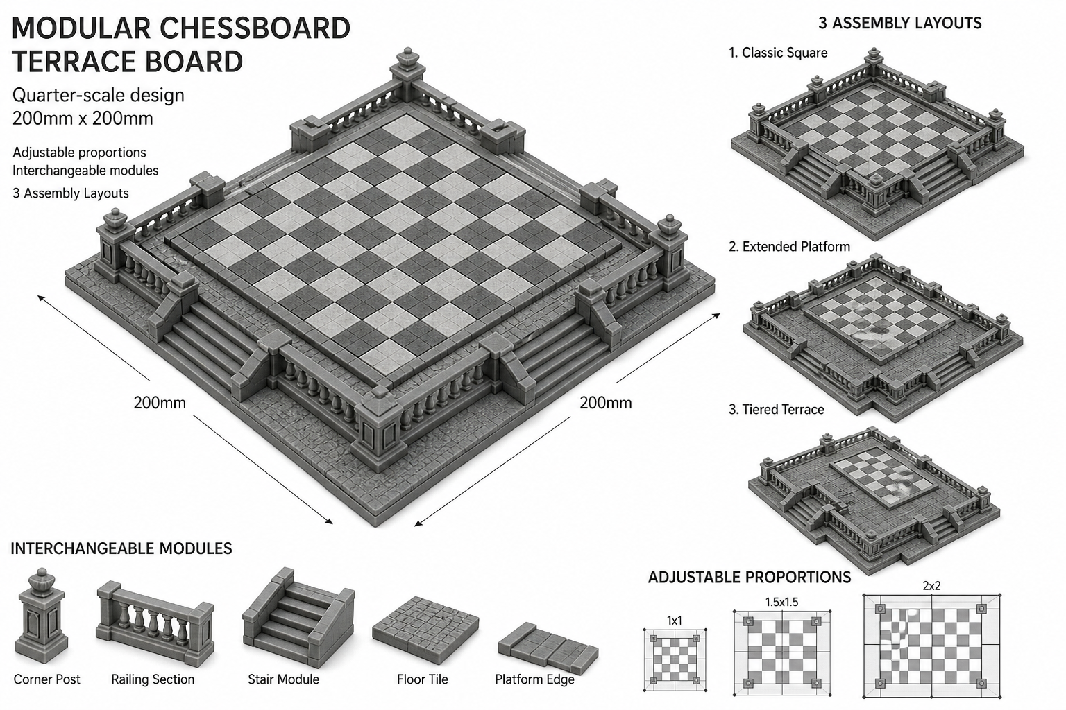 精美西洋棋盘-梯田式棋盘 (四分之一的模块化棋盘)3D打印创意设计灵感