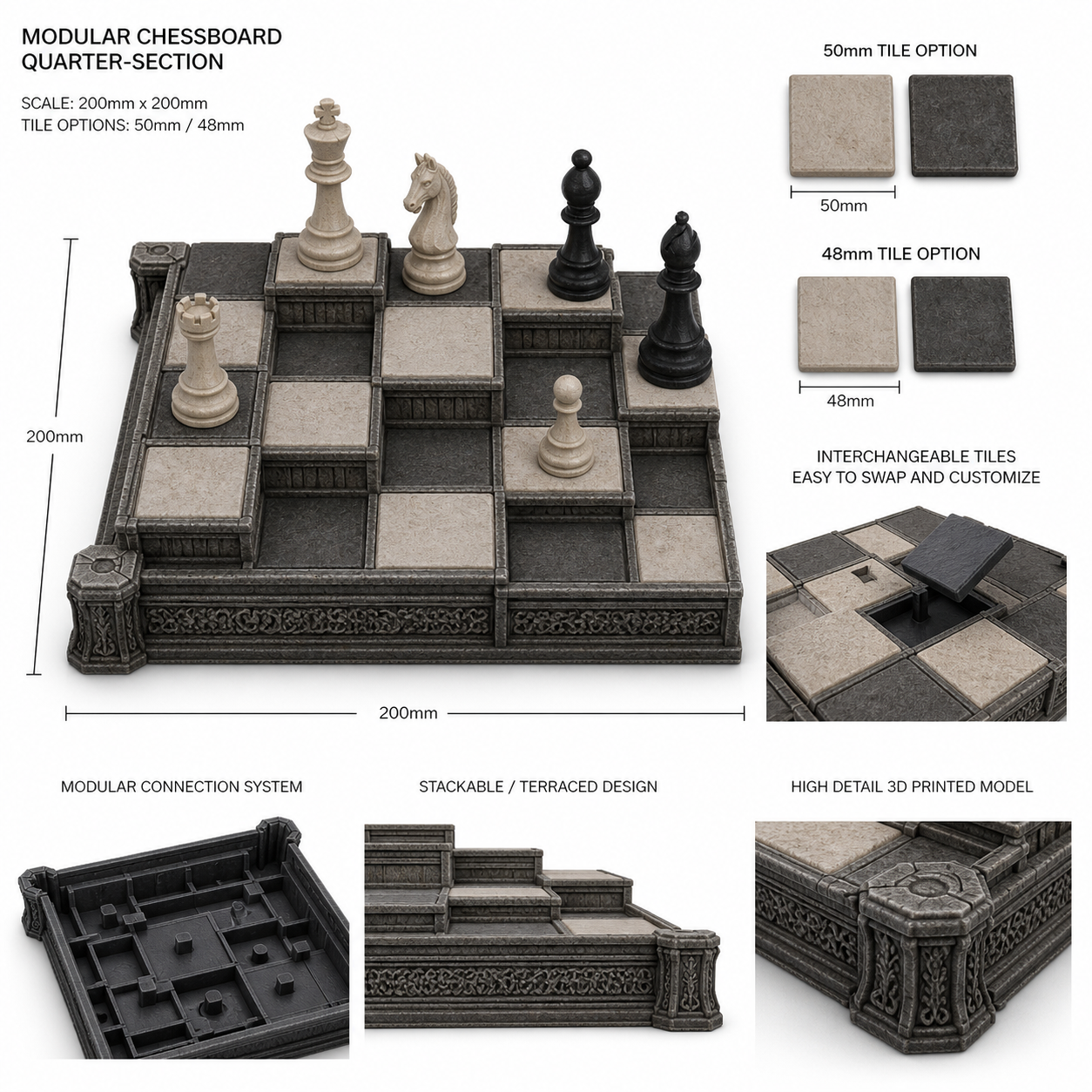实用西洋棋盘-梯田式棋盘 (四分之一的模块化棋盘)3D打印创意设计灵感