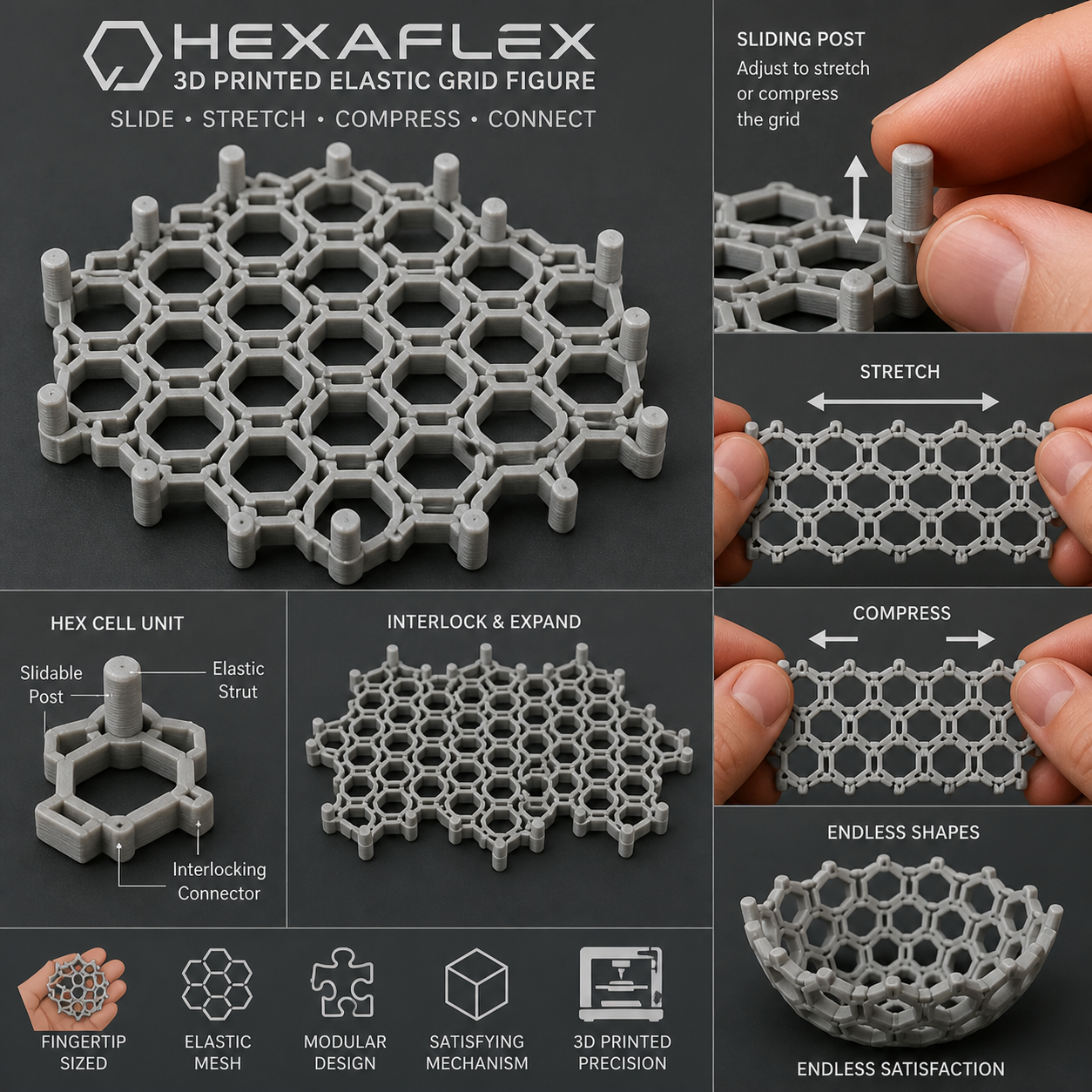 六角形指尖弹力网格玩具模型3D打印创意设计灵感