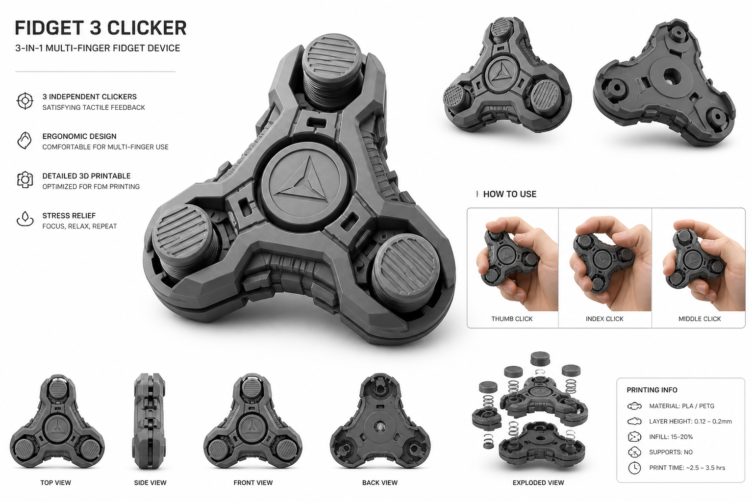 Fidget 3 clicker إلهام التصميم الإبداعي للطباعة ثلاثية الأبعاد