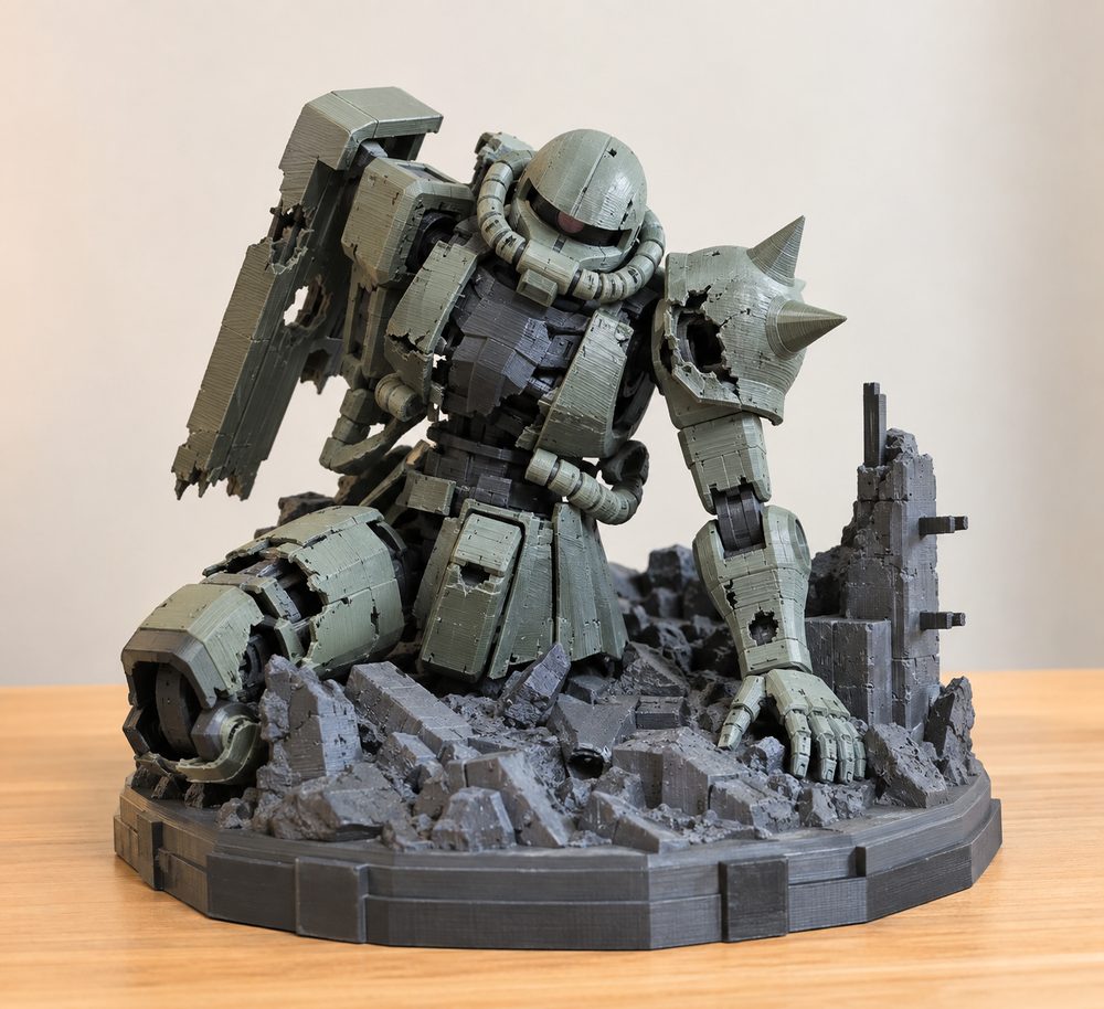 Destroyed Zaku Gundam Action Base Creatieve ontwerpinspiratie voor 3D-printen
