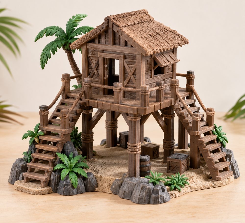 Wooden Building With Double Stairs Pirate Jungle Island Beac 3Dプリント創作デザインのインスピレーション