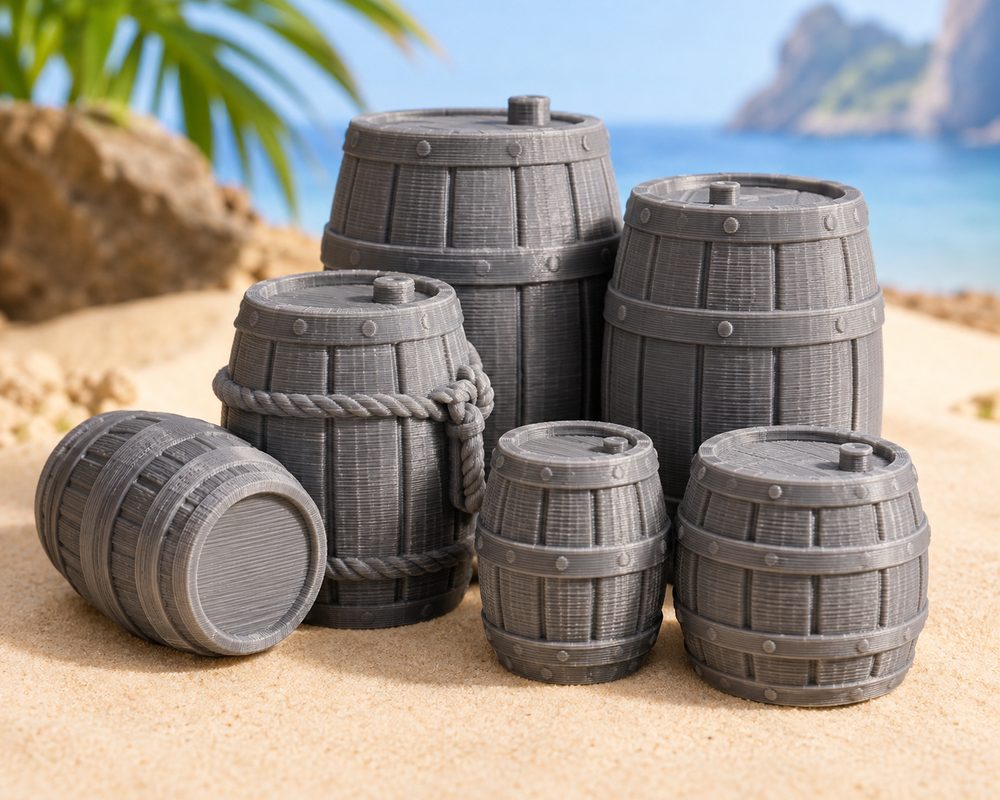 Set Of Medieval Barrels Pirate Jungle Island Beach Piracy Ca Inspiración de diseño creativo para impresión 3D